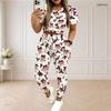 Women Plus Size Round Neck Short Sleeve Printed Crop Top Drawstring Pants Two Piece Set With Pockets