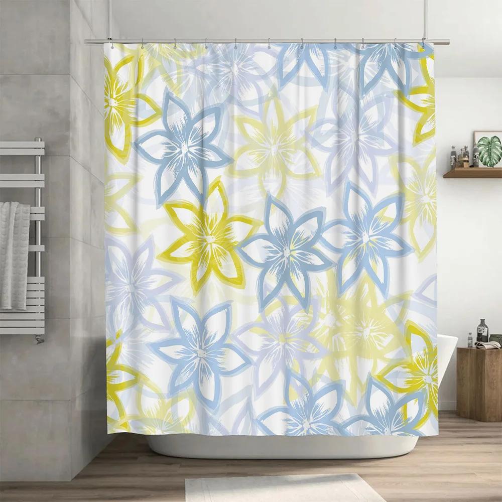 Modern Floral Print Shower Curtain Waterproof Home Decor Bathroom Accessories Blue/Yellow/Light Blue Size 180x245cm (70x96in)