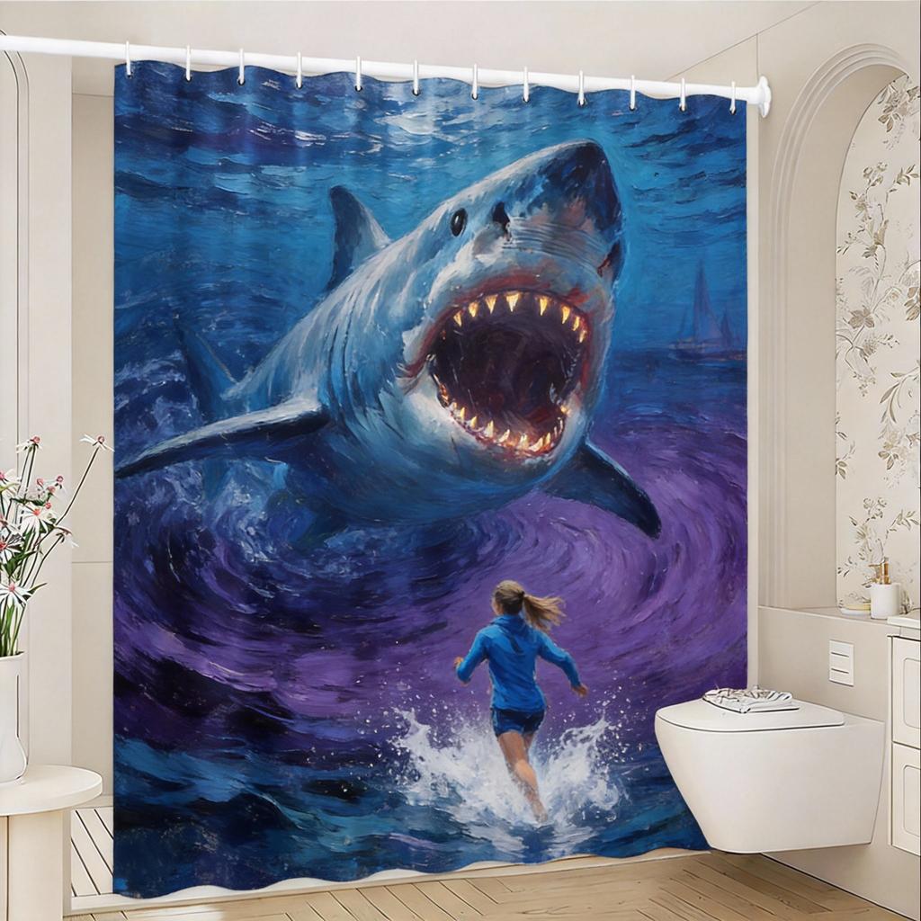 Tenda Doccia Attacco di Squalo Squalo Bianco Arte Scena Sottomarina Poliestere Tenda Bagno Con Ganci Per Decorazione Oceano Horror