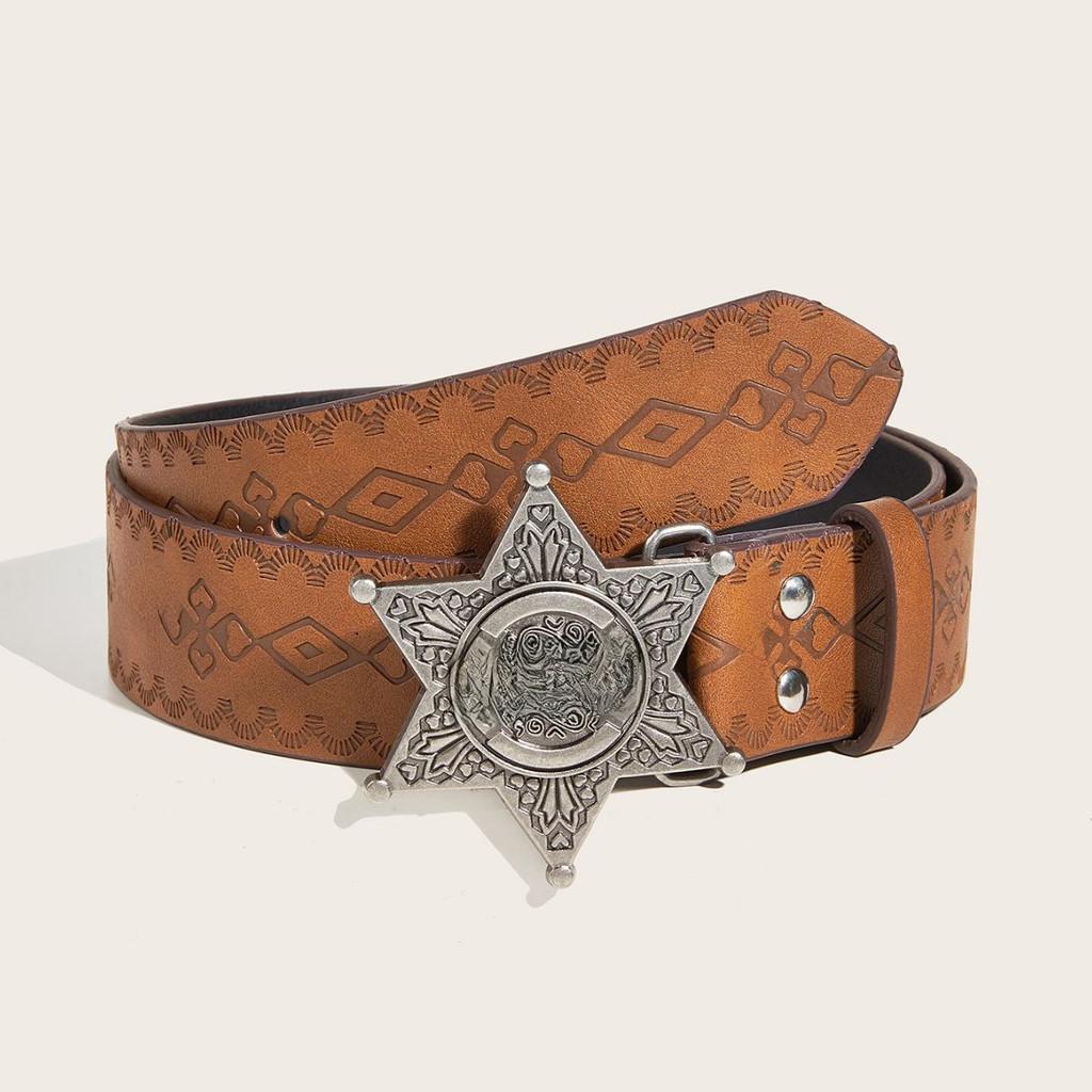 Star Silver Letter Buckle Texture Printed Pattern Belt For Both Men And Women