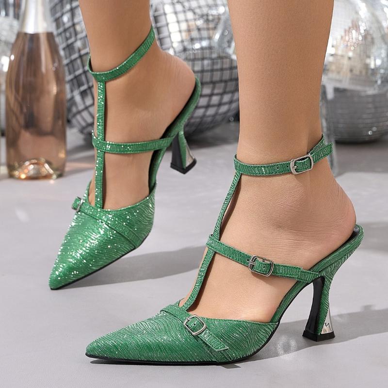 Fashion Green Narrow Band Brand Designer Sandals Women Fashion Pointed Toe Buckle T Strap High Heeled Sandals Elegant Banquet Dress Shoe