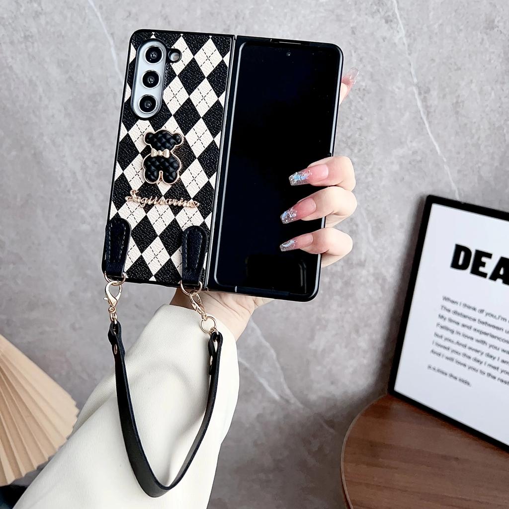 Luxus Mode Business Sle Metall Bär Armband Leder Handyhülle für Samsung Galaxy Z Fold 7 6 5 4 3 Schutz Hülle Rückseite