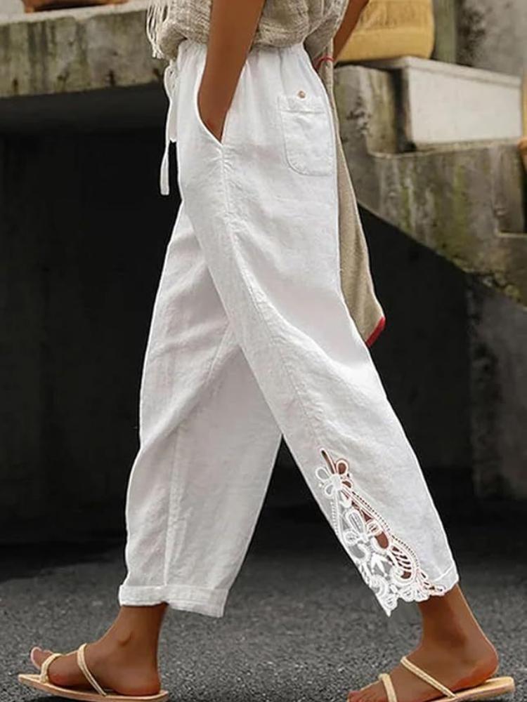 White Casual Pants for Women Loose Fit Elastic Waist Breathable Summer Trousers with Side Cutout Design Multiple Colors