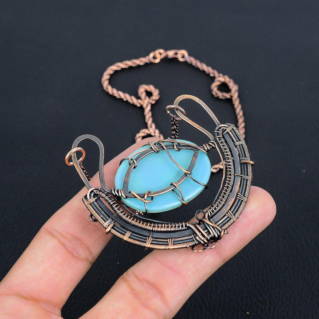 Blauer Australischer Opal Edelstein Handgemachte Kupferdraht Wickelschmuck Designer Halskette für Sie