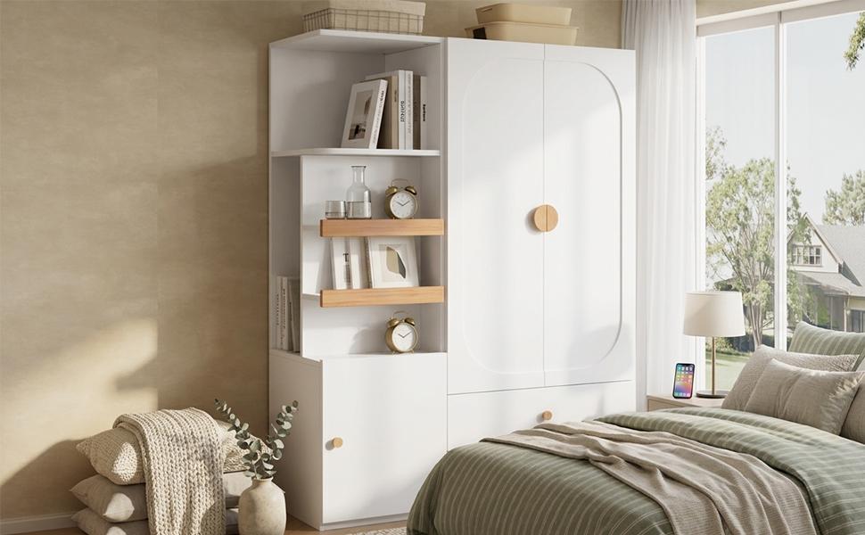 Wardrobe, Multipurpose Cabinet in White/Natural, with Drawers, Clothes Rail and Open Shelf Compartments for Bedroom, Teen Room and Hallway