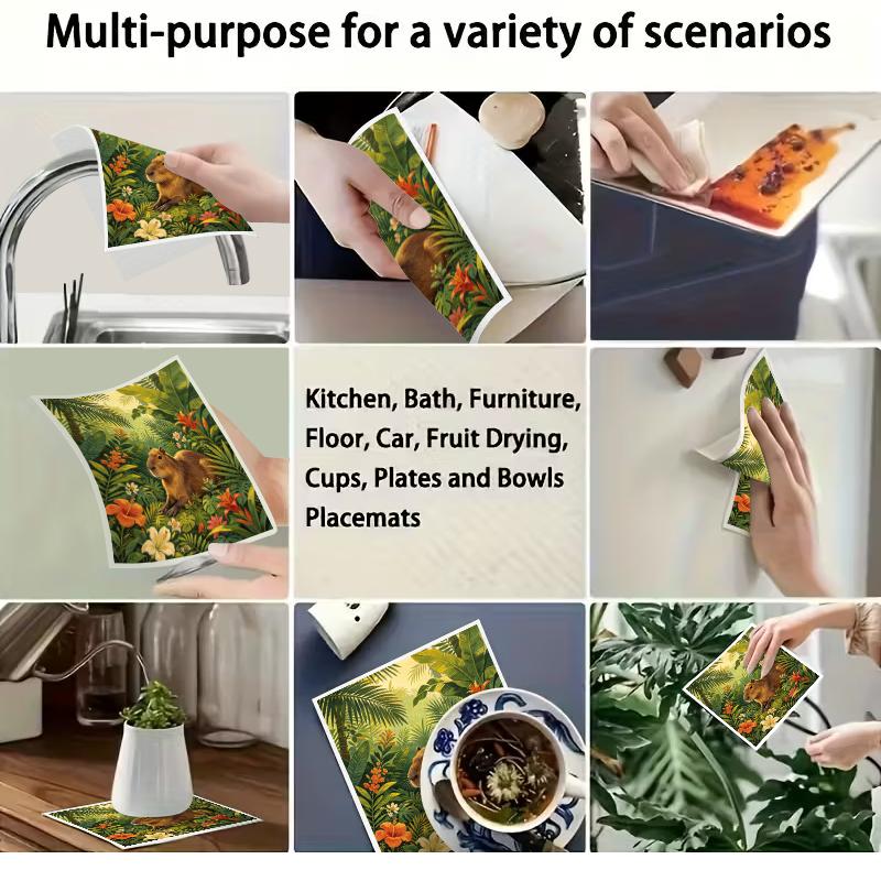 6PCS Cleaning Dishcloths Reusable Kitchen Dish Towels Tropical Animal Pattern Dishcloth Absorbent Lint Free Cloth Washable Duster Rags Tea Towels