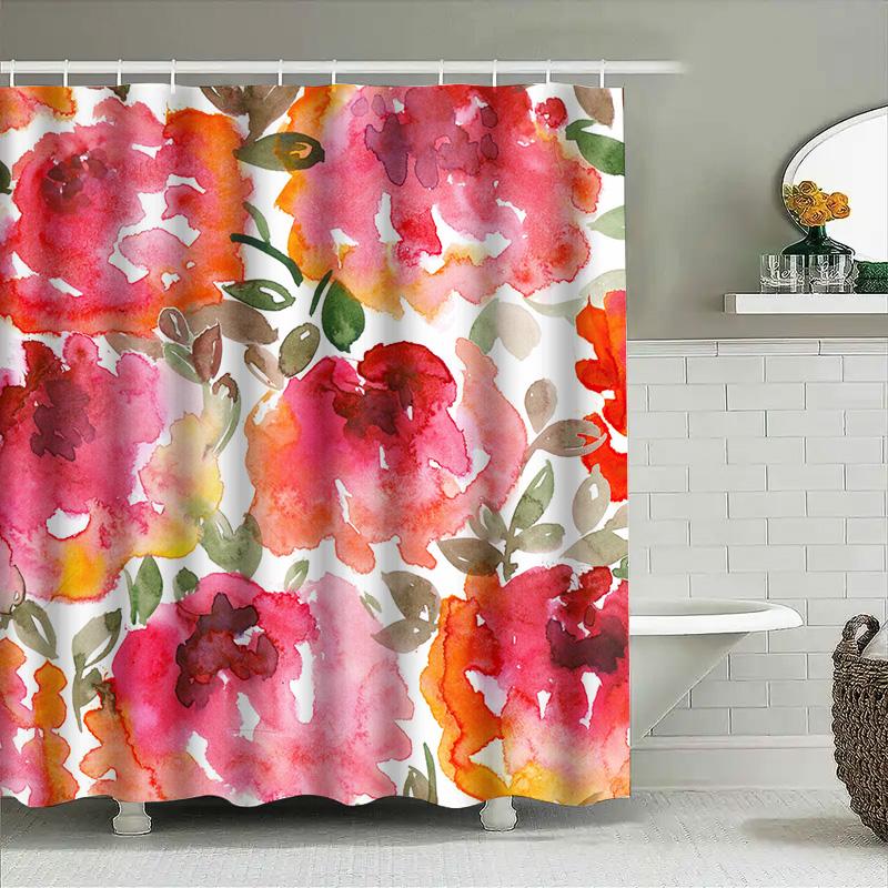 Watercolor Floral Shower Curtain Pink Red Orange White Leaves Design for Bathroom Decor Modern Home Decoration 69x72 inches (175