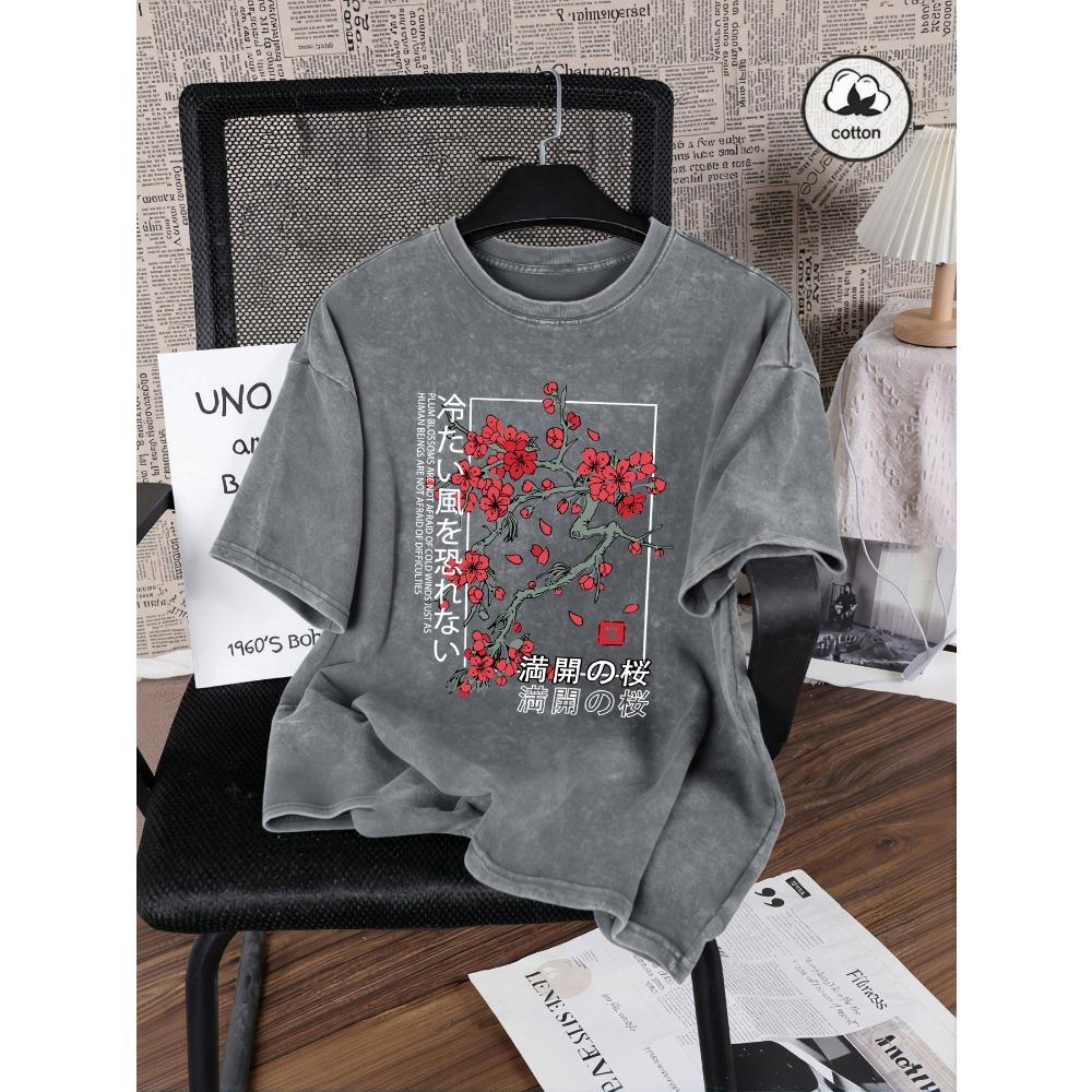 Japan Tokyo Beautiful Cherry Blossom Printed Women Washed T Shirt Summer Cotton T-Shirts Loose Y2K Clothe Short Sleeves
