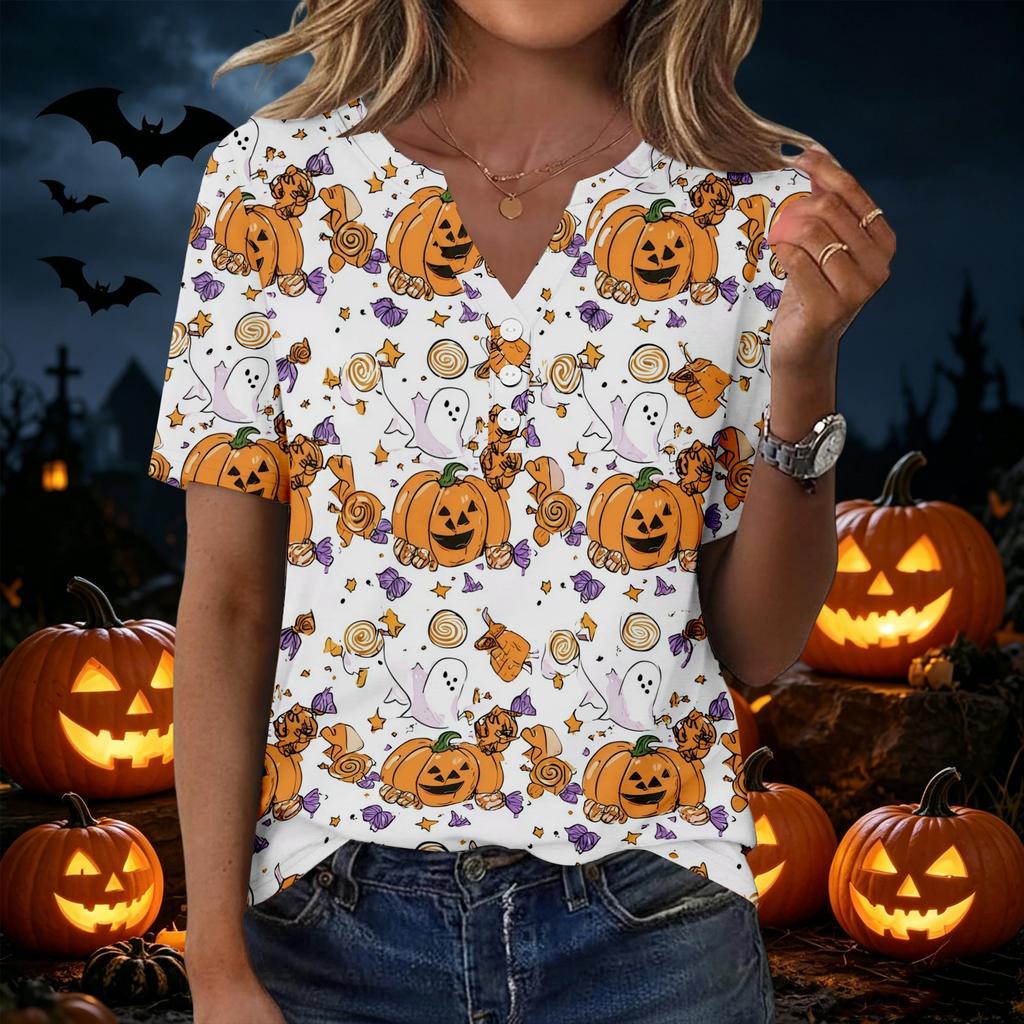 Women's Halloween Printed Loose Fit V Neck Short Sleeve Top with Pocket Casual Blouse for Seasonal Wear and Everyday Comfort