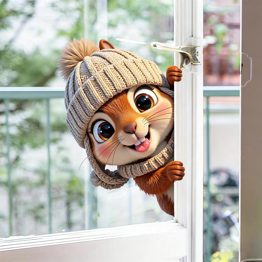 Static Cling Cute Squirrel Peeking Window Sticker for Home Glass Door Decor