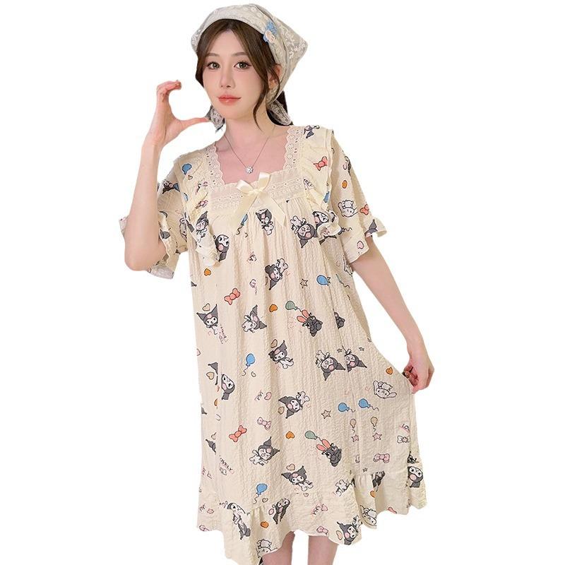 Princess Style Fattened And Enlarged Summer Short-Sleeved Nightgown Wrinkled Cotton Loose Large Size Sweet Cartoon Loungewear Can Be Worn Outside