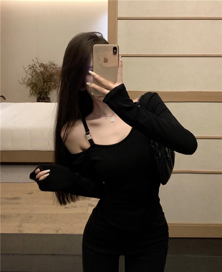 2025 Women's Slimming Solid Color Long Sleeve Cropped Top - Korean Simple Design for Autumn