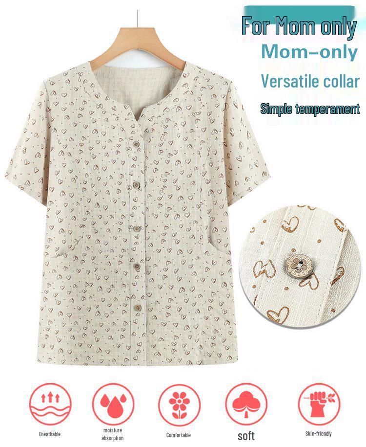 Grandma's Summer Cotton Short Sleeve Shirt - Women's Cotton Linen Top for Middle-aged and Elderly