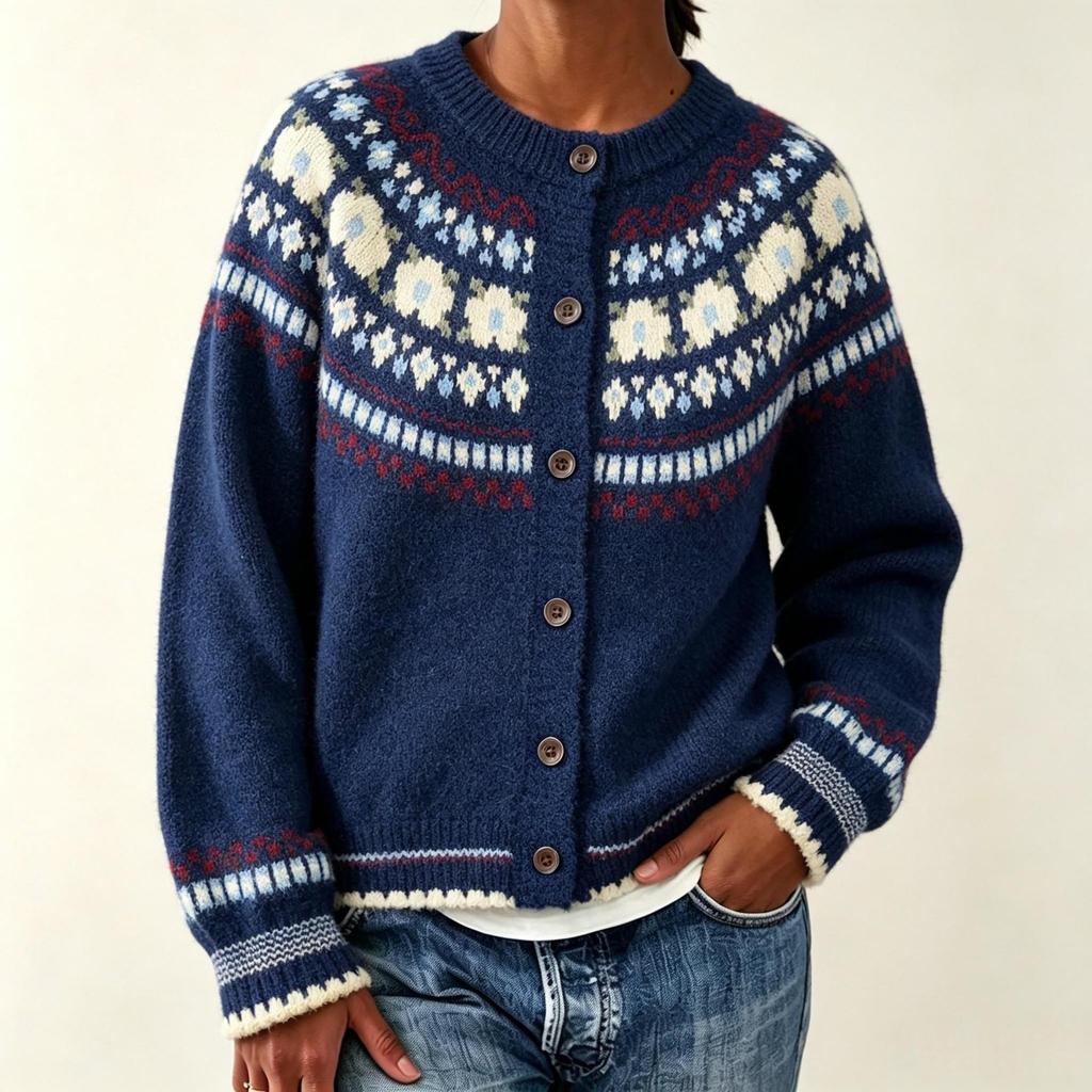 Women's 2026 Autumn/Winter Jacquard Knit Round Neck Snowflake Cardigan Sweater with Horn Buttons
