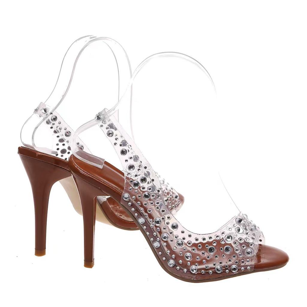 European and American Large-size Rhinestone High-heeled Open-toed Sandals Women's Pointed Head Rear Mixed with Crystal Fish Mouth Fashion Shoes