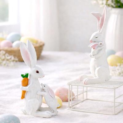 Decoración de Conejo de Pascua Linda Figura de Conejo Madre e Hijo Escultura de Resina Tallada a Mano para Mesa Decoración de Estante de Escritorio Interior del Hogar