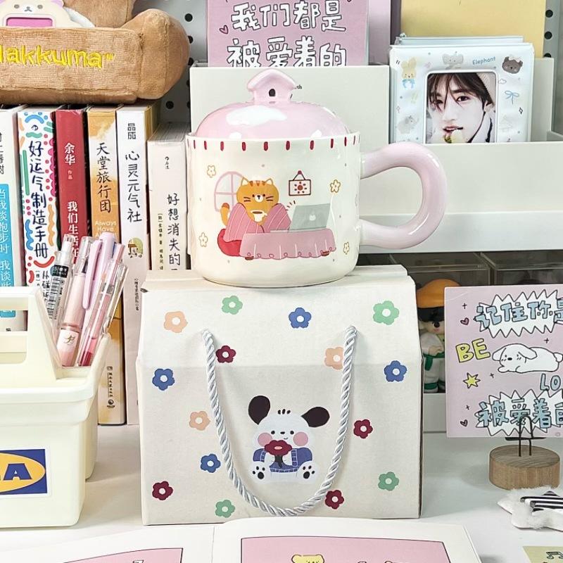 Cupa ceramică pisică drăguță de desene animate cu capac cuplu băiat și fată cană de birou cupă de băut cadou de ziua de naștere