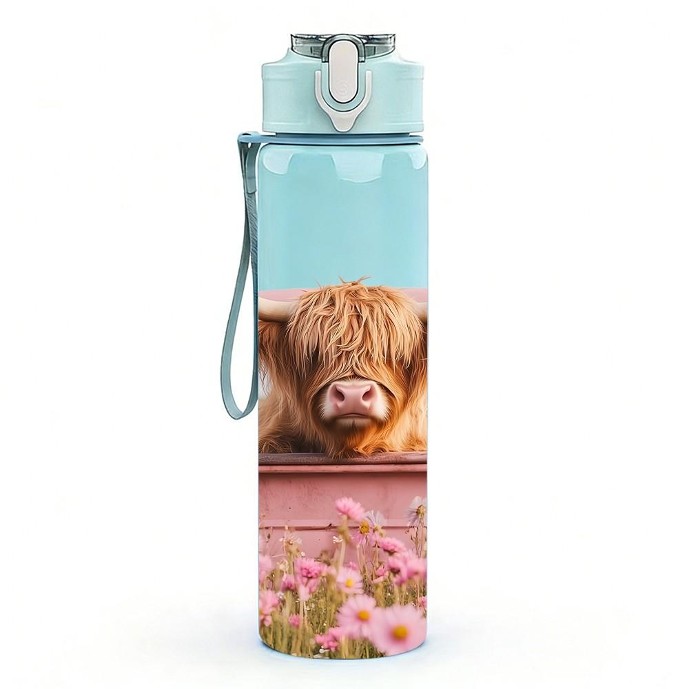 1PC Highland Cow Pink Retro Pickup Truck Art 750ml Color Plastic Sports Water Bottle Leakproof Flip Straw Lid Suitable for Sports Office Home Use