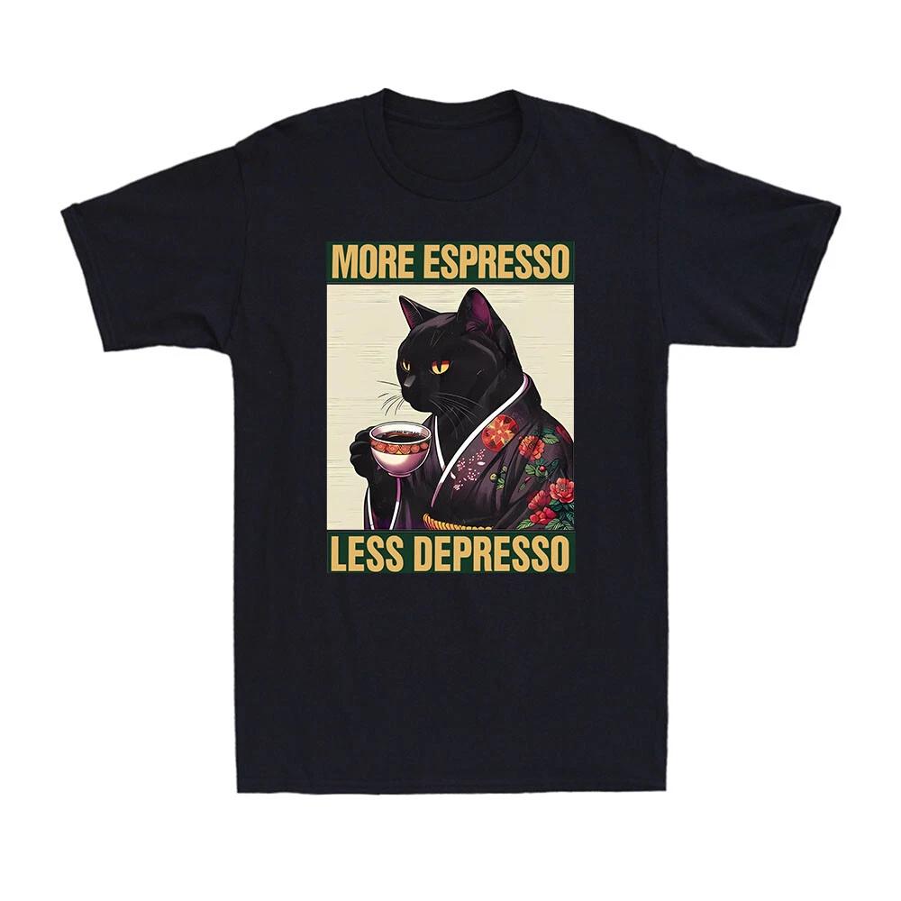 More Espresso Less Depresso Cat Drinking Coffee Funny Gift Men s Cotton T-Shirt S