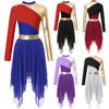 Womens Color Block Leotard Dress Long Sleeve Design Patchwork Style Irregular Hem Lyrical Dance Wear