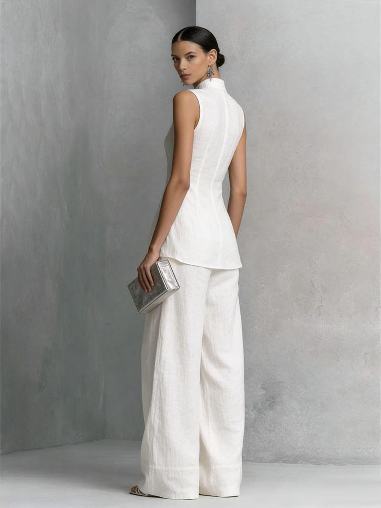 European-American Cotton Linen Drape Sleeveless Shirt & Long Pants Fashion Set