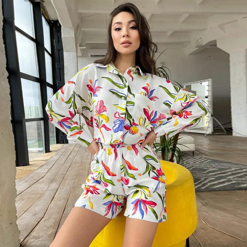 European and American Style Women's Spring and Autumn Casual Printed Long Sleeve Shirt and Shorts Two-Piece Set