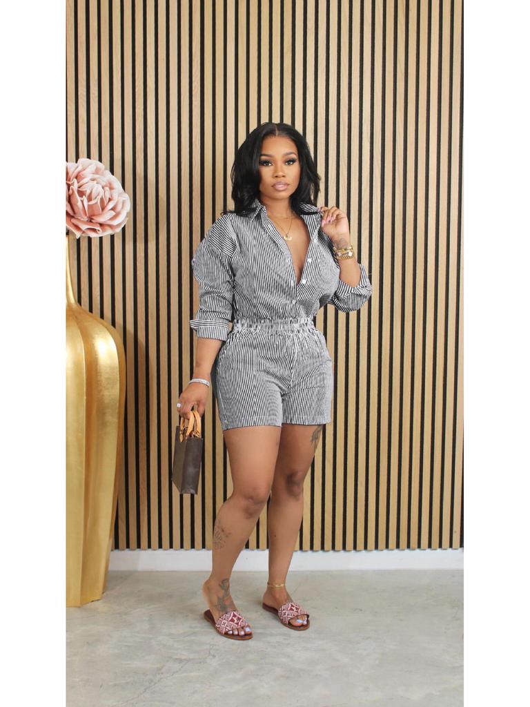 Frühling/Sommer Damen Gestreiftes Knopfrevers Zweiteiliges Set