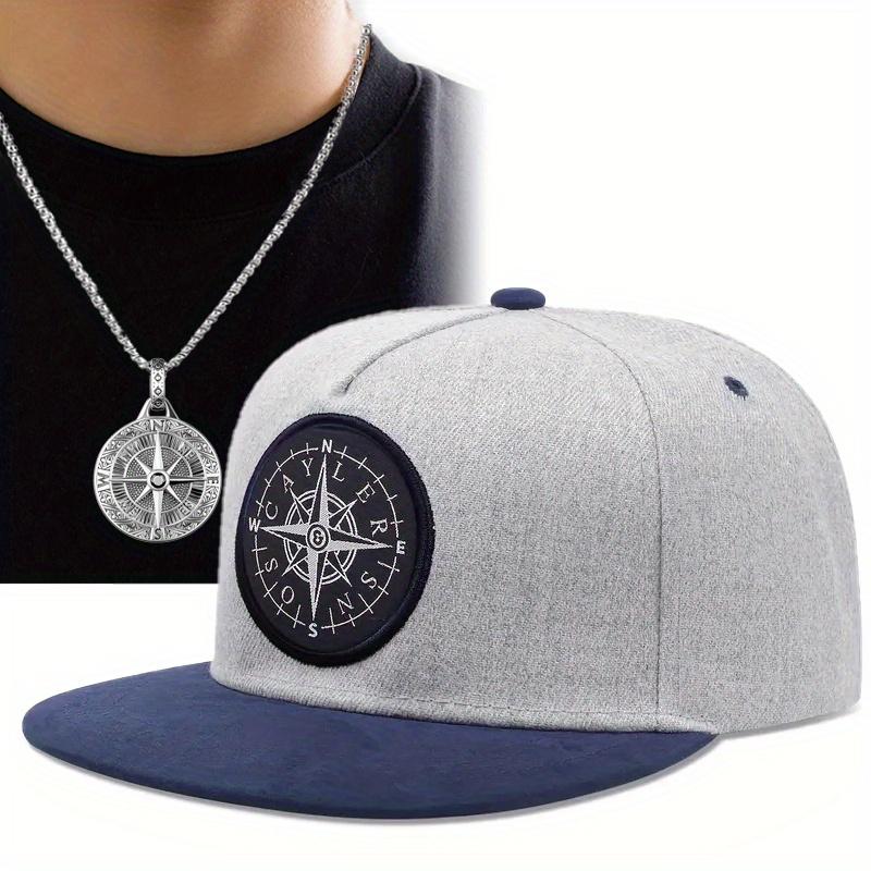 2 Stück Stickerei Flat Brim Hut Hip Hop Kappe Entenzungenkappe Mode Lässige Baseballkappe Scheibenkompass Anhänger Halskette Set Männer Frauen Sport Sonnenhut