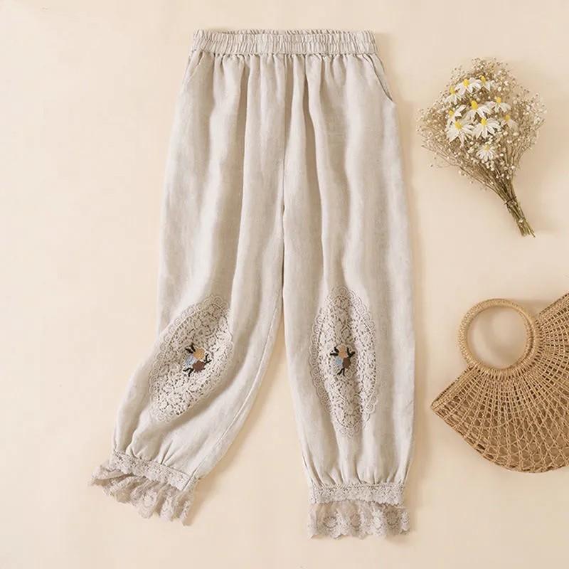 Женские Весенне-Летние Винтажные Пэчворк Кружевные Брюки с Вышивкой Японского Стиля Зауженные Брюки Капри XS абрикосовый