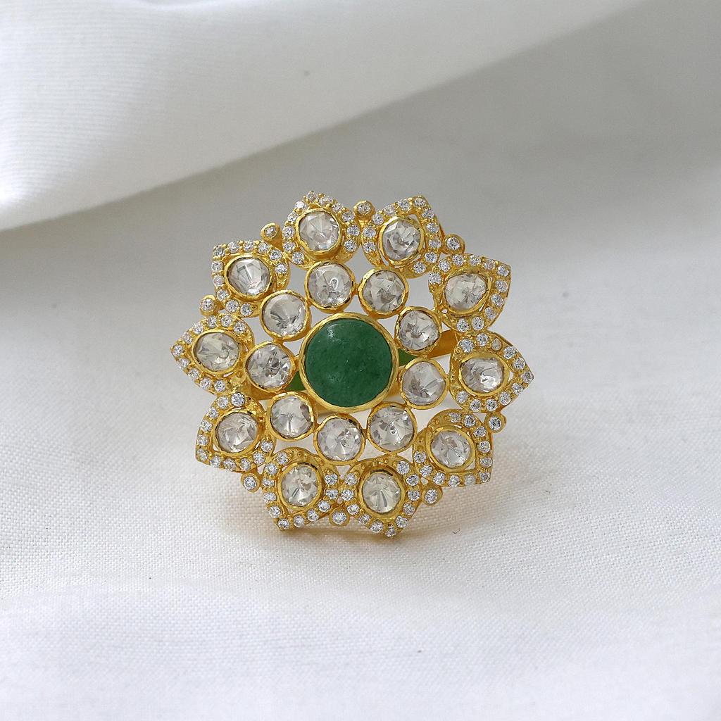 Indian Kundan Women Ring 925 Sterling Silver Handmade Jewelry, Gold Finish Kundan Ring, Statement Women ring Polki Ring, Moissanite Adjustable Ring
