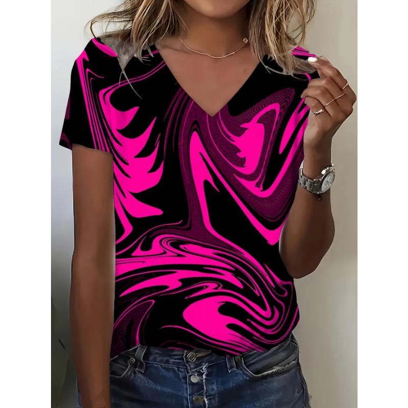 Women s Printed V-Neck T-Shirt- Short Sleeve Casual Top, Pink and Black Abstract Crystal Pattern, Breathable/Elastane Blend S
