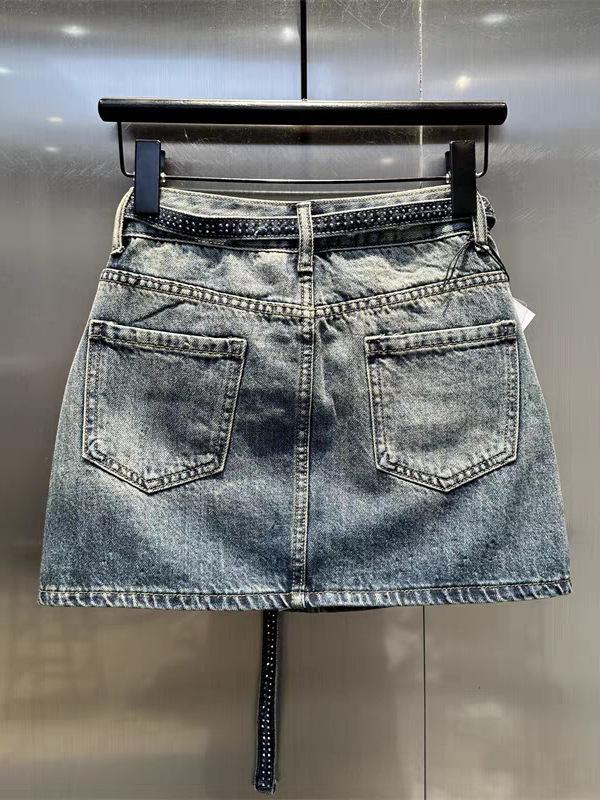 Damen Plus Size High Waist Jeansrock mit Strasssteinen - Retro Farbverlauf A-Linie Sommerrock