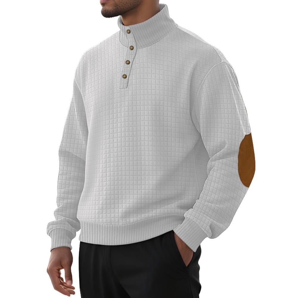 Lightweight Casual Sportswear for Men Jacquard Small Check Pattern Stand-Up Collar Long-Sleeved Pullover Button-Front Outdoor Sweatshirt