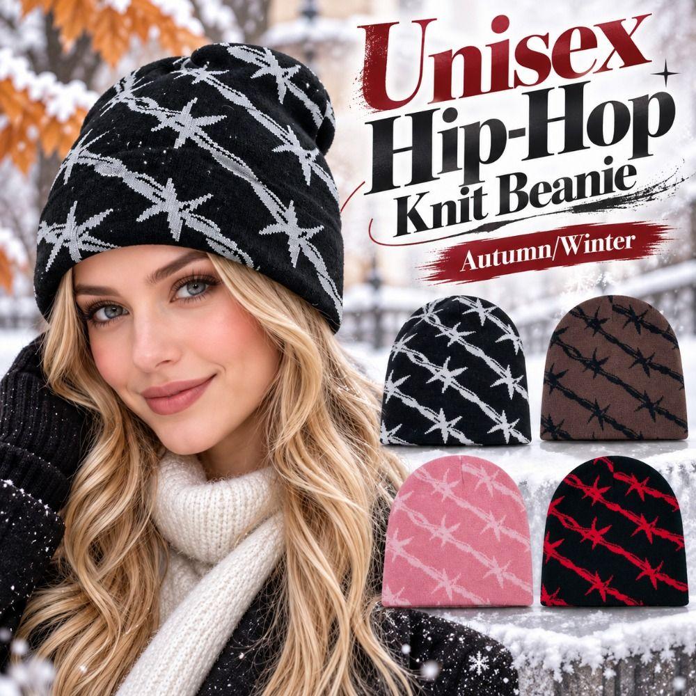 Warm Double Layer Knit Beanie Star Pattern Knitted Hat Streetwear Winter Skull Cap Outdoor