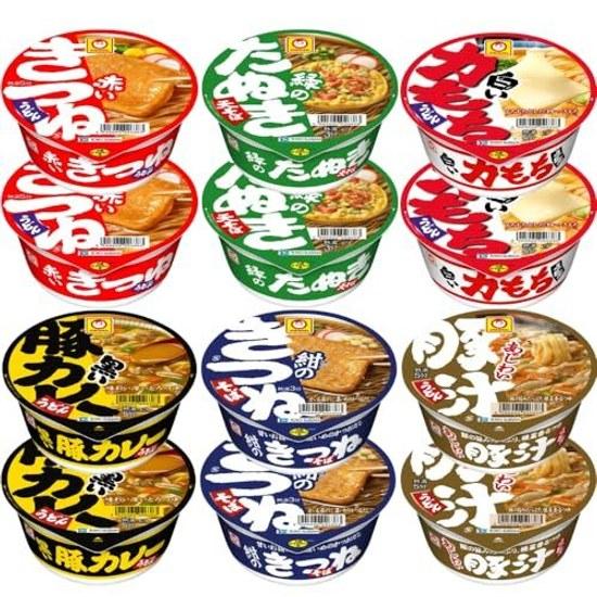 Maruchan Instant Cup Noodles 6 Varieties 12 Pieces Set Assortment (Red Fox Udon East Green Tanuki Tempura Soba White Mochi Black Pork Curry Navy Soup