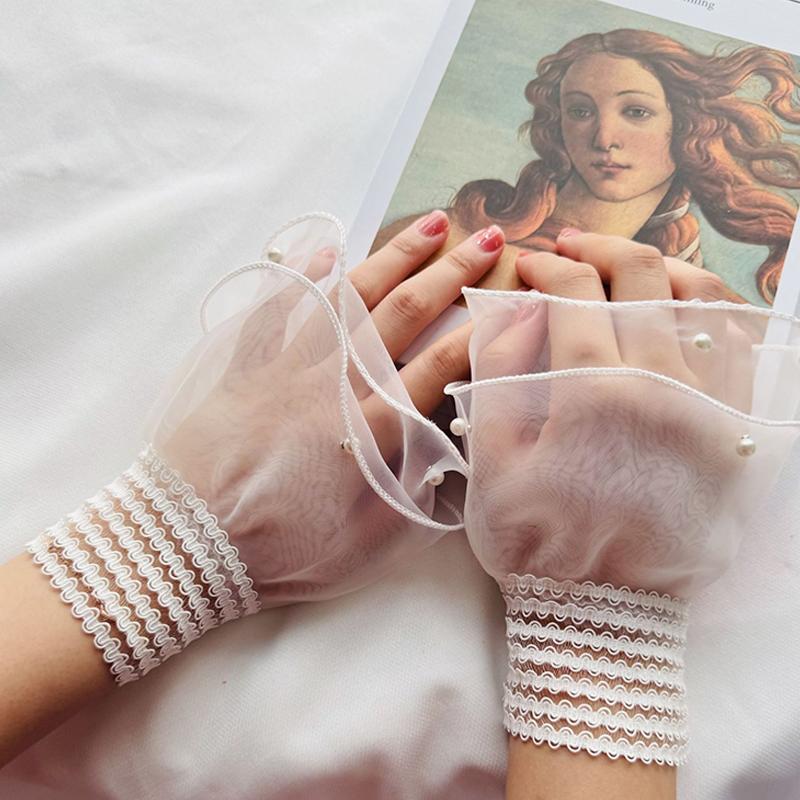 Lace False Sleeves Women'S Sweet Lace Mesh Pearl Bell Sleeves Wrist Sleeve For Weddings And Parties