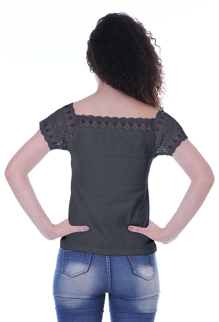 Moomaya Lace Sleeve Tops For Women Plain Boat Neck Tee Shirt