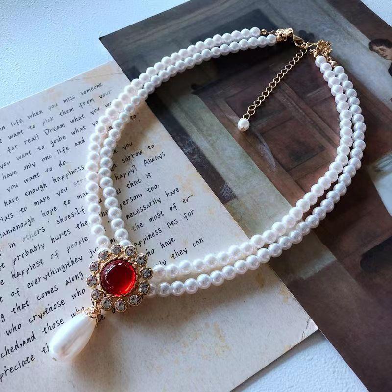 

JMXD Vintage Royal Pearl Necklace Style Double Layer Choker Baroque Y2K Elegant French Women Necklace for Dress Qipao Fashion Jewelry Gift красный