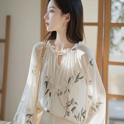 French Tummy-Covering White Long Sleeve Floral Blouse Early Autumn Trendy Beautiful Loose Chiffon Top