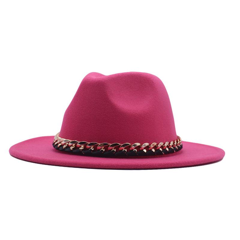 European, American Autumn and Winter British Style Fashionable and Elegant Flat-brimmed Big Eaves Hat Top Hat Men and Women Chain Jazz Woolen Hat