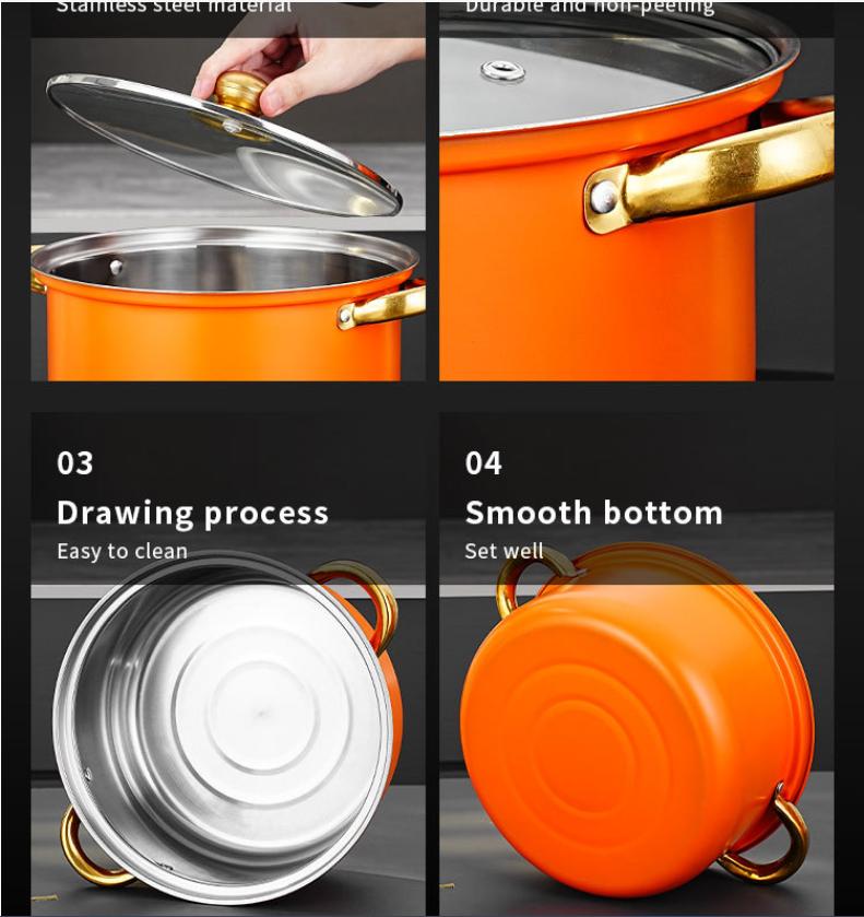 Pentola Antiaderente in Acciaio Inossidabile, Manico Placcato Oro, Doppio Fondo, Pentola per Zuppa, Lattiera, Set Combinato Padella, 12 Pz
