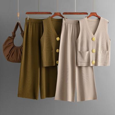 Modeanzug Damen Sommer neu ärmelloses geknöpftes Strickoberteil + einfarbige lässige Hose mit weitem Bein zweiteiliges Set