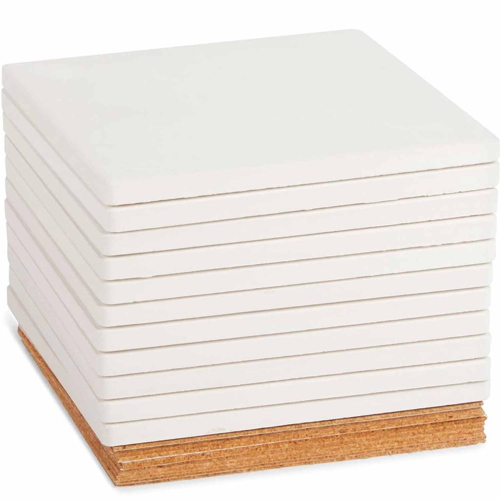 12pcs 4 Inch Square Ceramic Tiles for Crafts with Cork Backing Pads, Unglazed White DIY Coasters for Painting