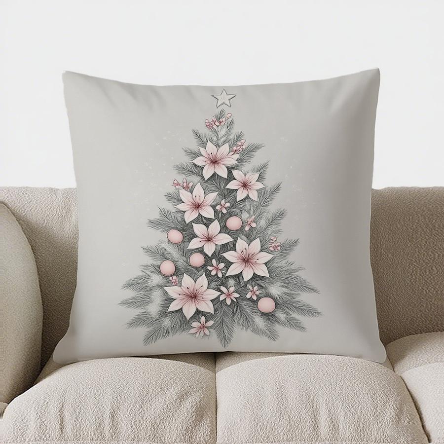 Home Decor Pink Christmas Bells And Pine Branch Pillow Pattern Cushion Cover Suitable For Sofa Bedroom Car Pillow Cover