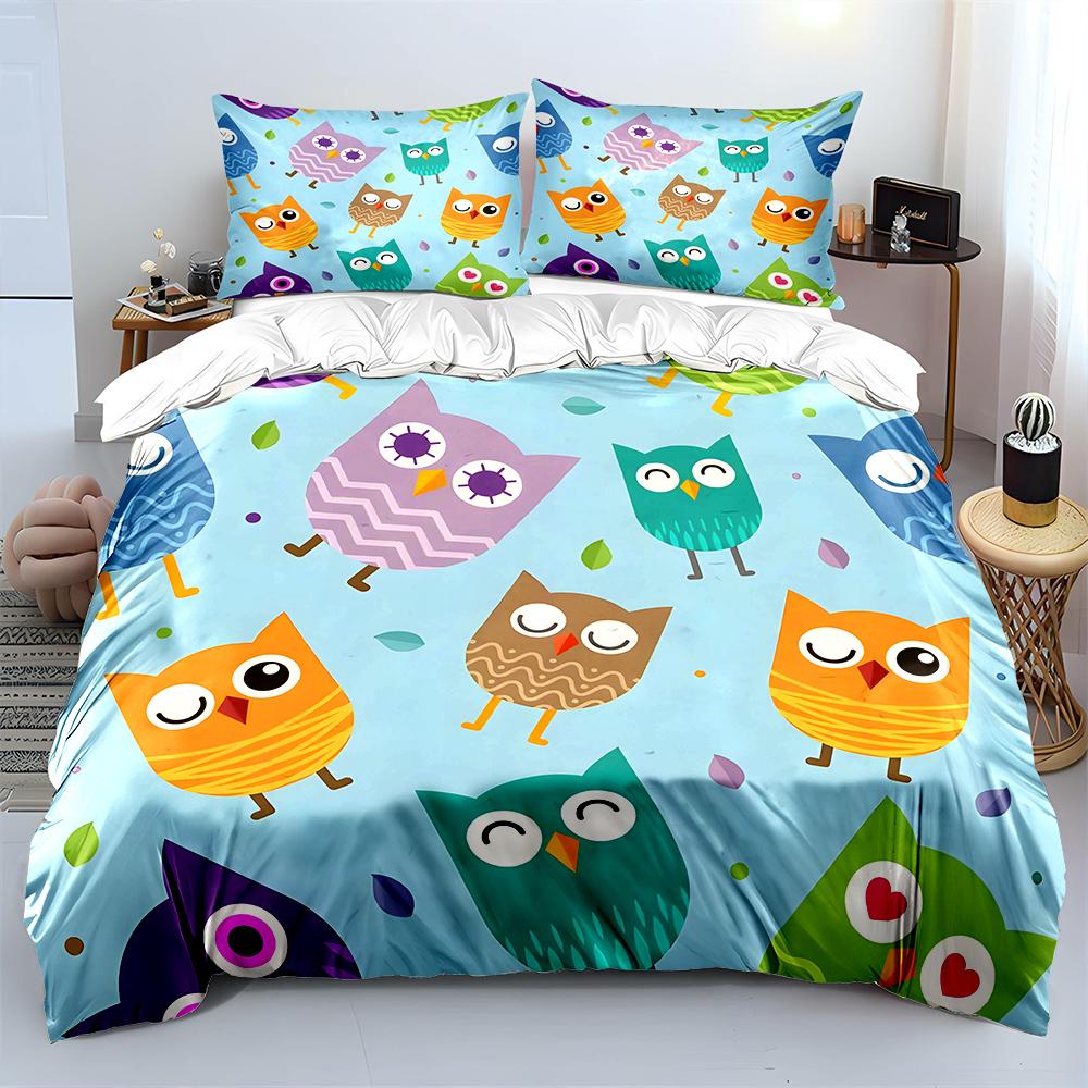 Cartoon Owls With Colorful Background Bedding Set 1 Duvet Cover 2 Pillowcases For Adult And Children Luxury Gift Full Size