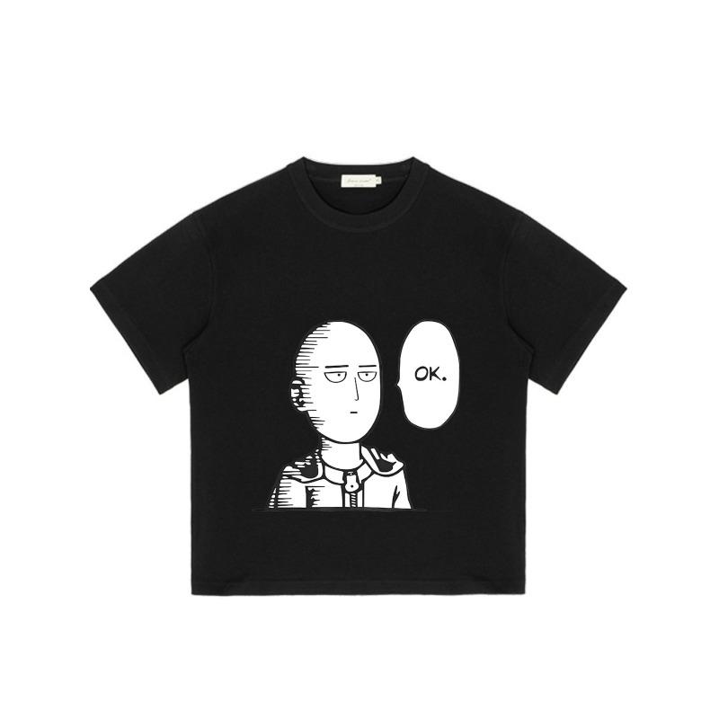Black T-Shirt with One Punch Man Character and Ok Text Graphic Print for Casual Wear