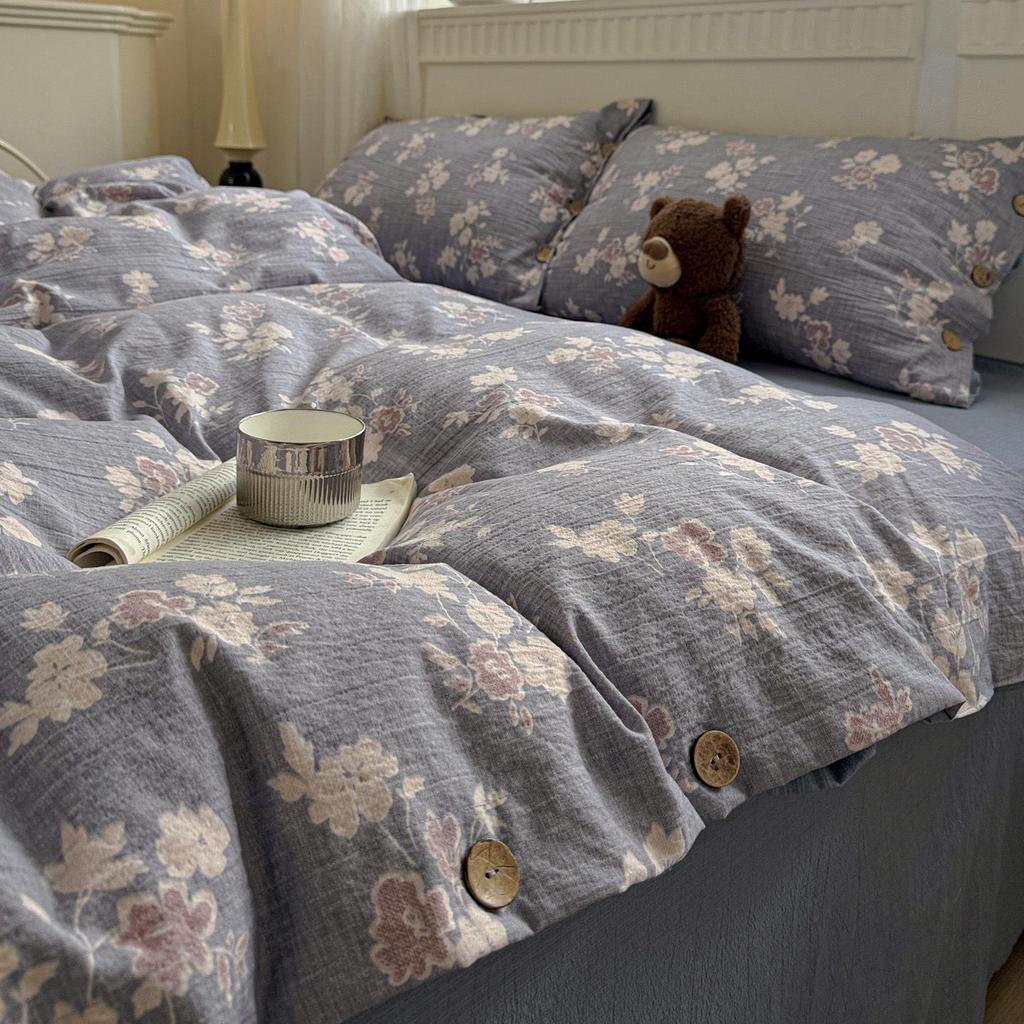Washed Cotton Linen Floral Button Style Bedding Set (3-Piece)