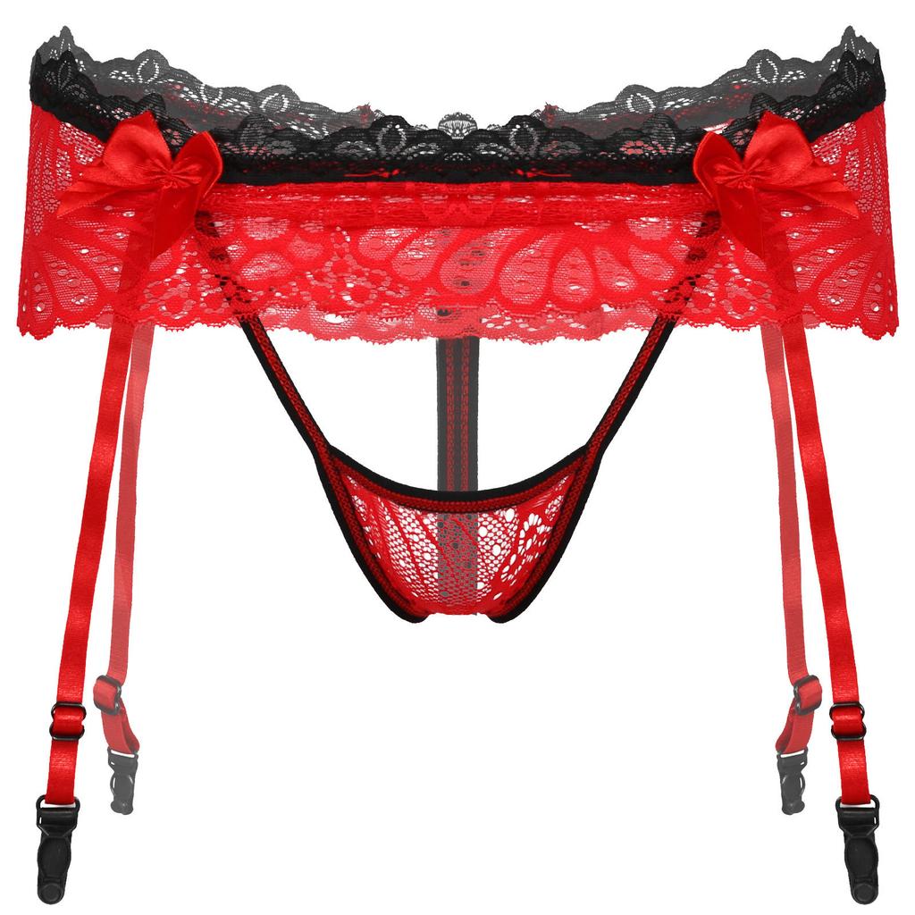 Tanga cu fustă din dantelă pentru bărbați, portjartier reglabil, design decupat, bandă elastică în talie, lenjerie sissy T-back fără întrepicior