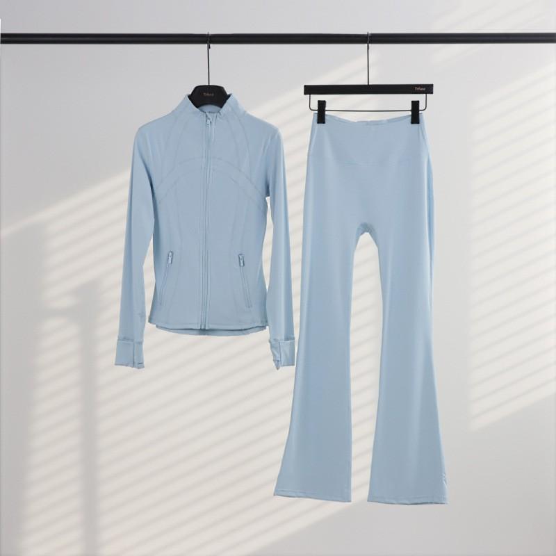 Womens Stand Collar Jacket Flared Pants Set Casual Sporty All-Match Yoga Outfit