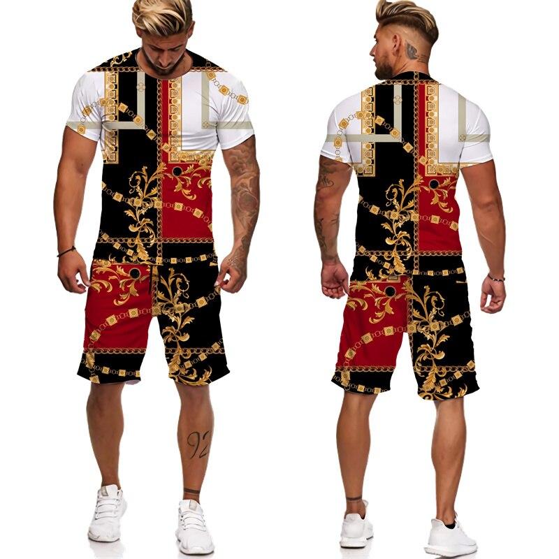 

Летний мужской комплект из двух предметов с золотым узором и 3D принтом, спортивный костюм, футболки в стиле барокко + шорты, костюм, хипстерская уличная одежда XXL